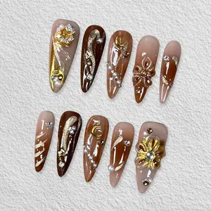 Pressmeon Handmade Press-on Nails | Cocoa Constellation | Stiletto Shape Collection | 3D Luxury Salon Quality | Reusable & Extra Durable | Eco Package