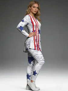 Women's Plus Size Spring & Fall Motorcycle Jacket Set, Star Print Long Sleeve Top and Pants, Slim-Fitting Two-Piece