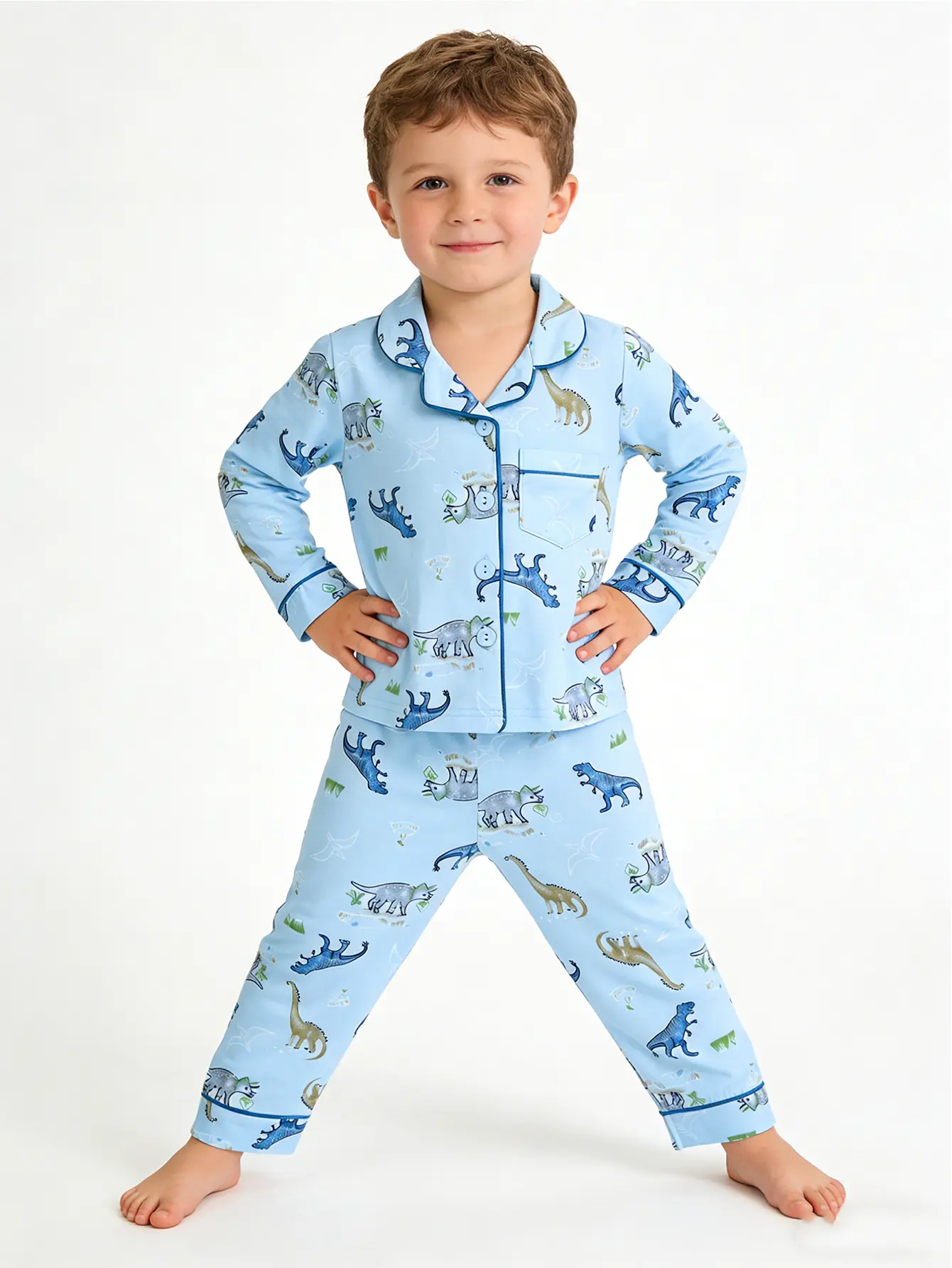 Kaka Here Boys' 2-Piece Pajama Lounge Sets - 1-8 Ages (3-4 Years Included), Collared Neck, Long-Sleeve, Long-Pant, Front Button Closure, Pockets, Pastel Cartoon Print, Soft Polyester, All Seasons Home Sleepwear Soft Casual Pajamas, Long Sleeve Shirt