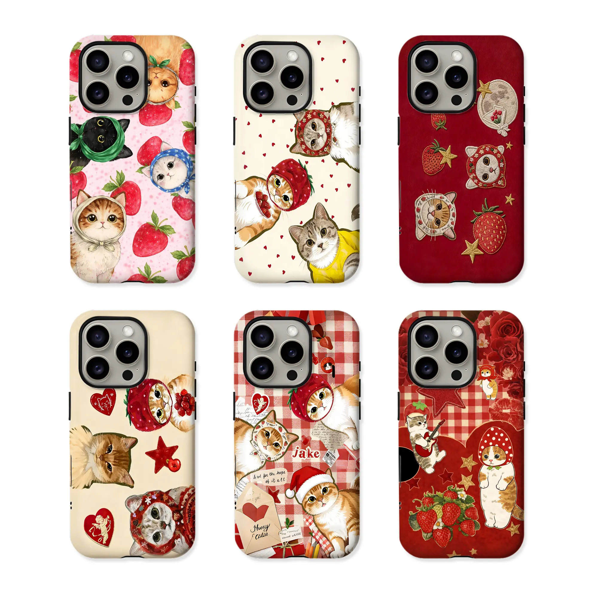 Cute Aesthetic Strawberry Cartoon Cat Smartphone Case - Waterproof Phone Accessories with UV Printing, Shockproof Protection, Lightweight Slim TPU Lining, Reinforced Polycarbonate Shell, Camera Guard for iPhone & Samsung (Christmas Gift), Handheld