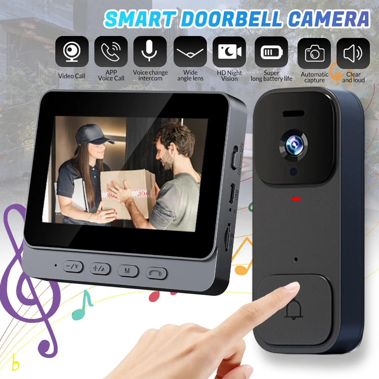 X7 Smart Video Doorbell, 4.3 Inch Color Screen, HD Video Intercom Monitor, Long Battery Life, No Network Needed, Supports Two-Way Audio