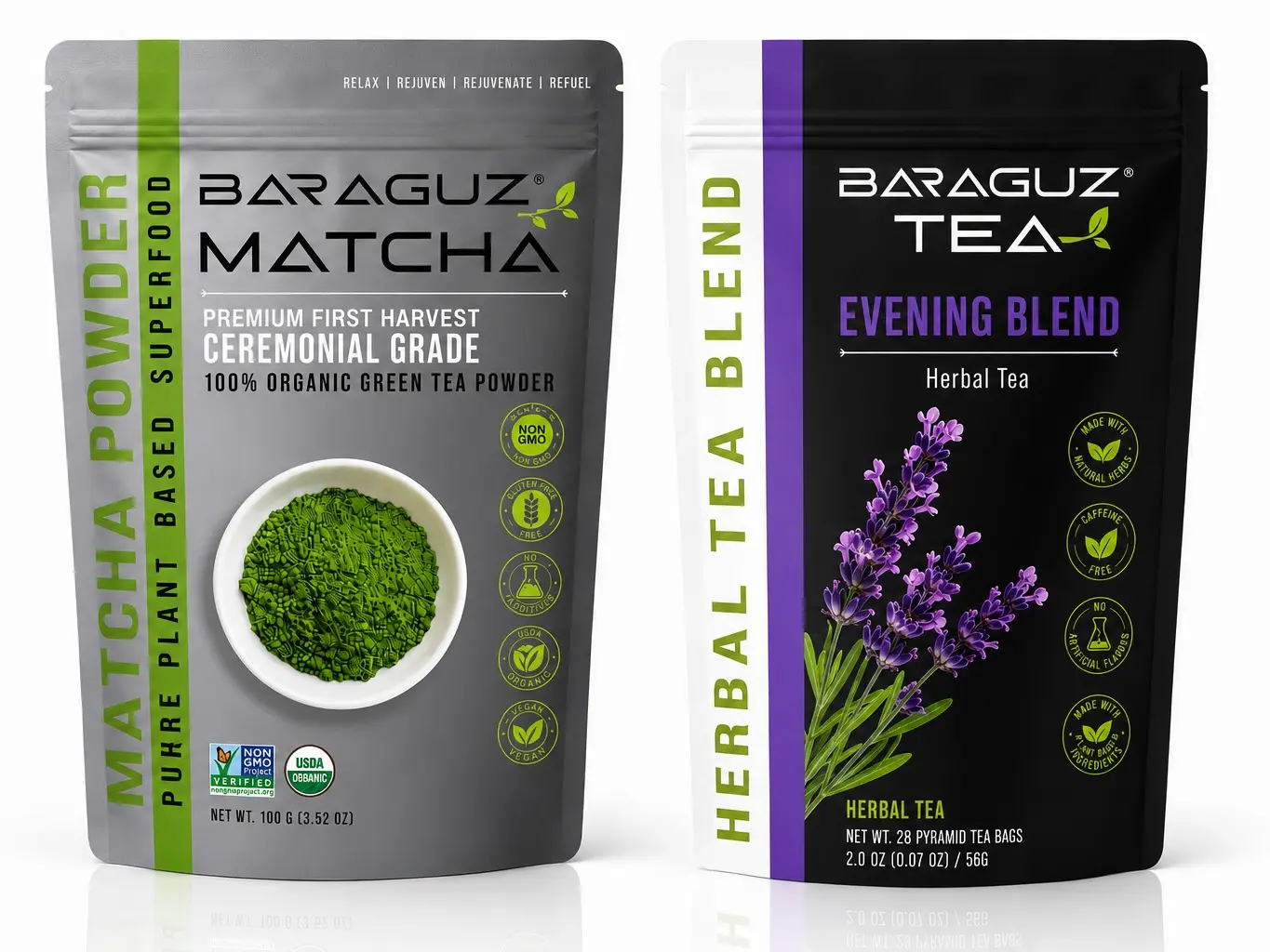 Baraguz Matcha Premium Ceremonial Green Tea Powder - 100g (3.5 oz) & Night Cleanse Bundle | Morning & Evening Tea Collection