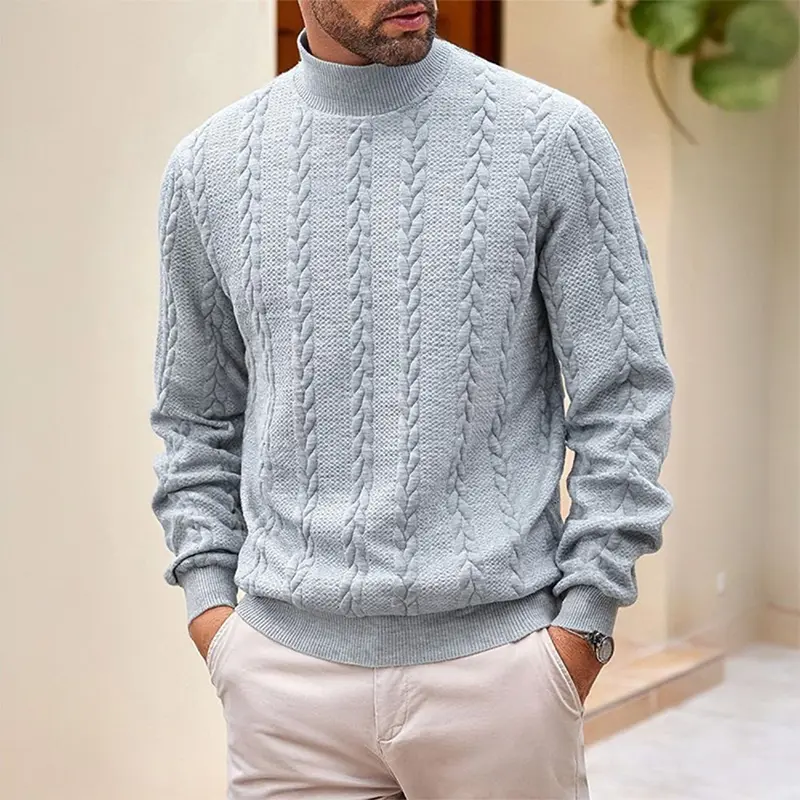 Men’s American Vintage Cable-Knit Mock Neck Sweater - Soft Skin-Friendly Solid Color Pullover Knitwear, Warm Textured Long Sleeves for Autumn/Winter, Versatile for Commuting & Home Wear, Suitable for Young Adults & Dads