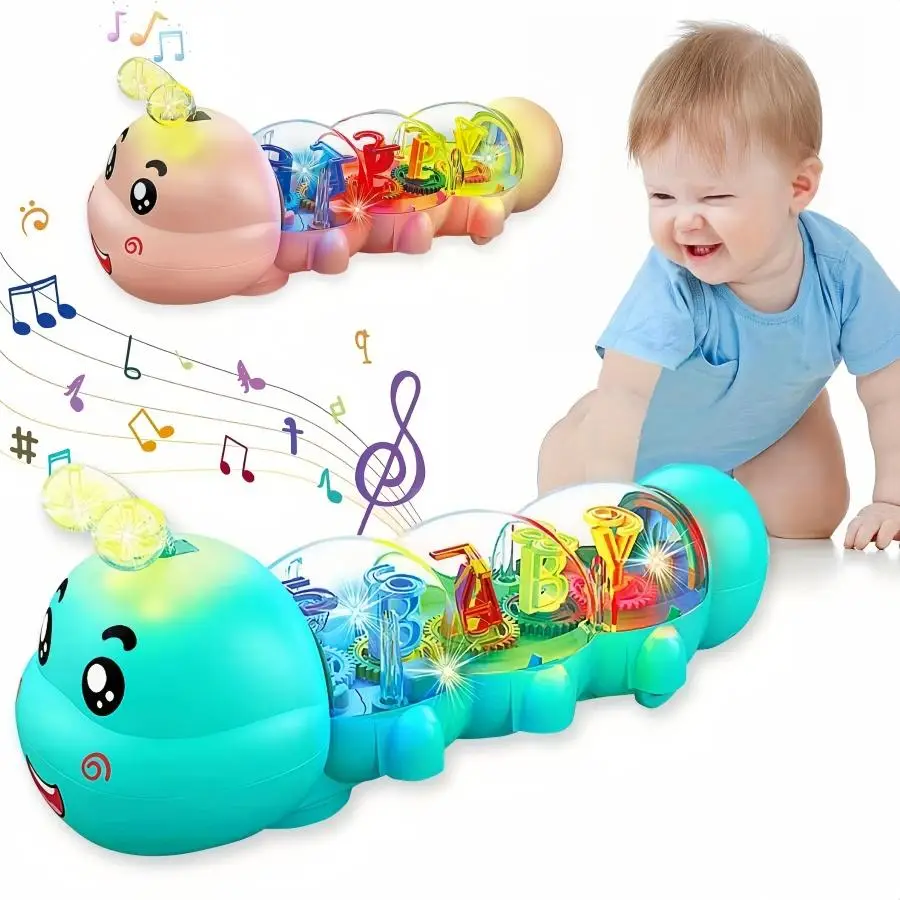 Crawling Toy, Caterpillar Design Tummy Time Toy with Light & Music, Early Educational Alphabets and Numbers Interactive Toys for Parent-child Games
