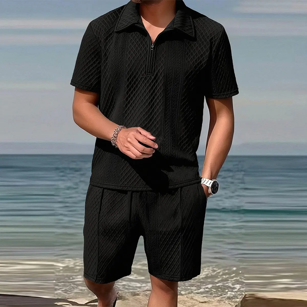 Men's Textured Jacquard 2-Piece Coordinated Costume Set - Knitted Short-Sleeve Half-Zip Polo, Breathable Fabric Shorts for Casual Summer Wear, Men's Wear, 2 Piece Mens, Half-Zip Design, Polo Shirt, Menswear, Sporty, Plain, Shortsleeve, Knitted Set, Stylis