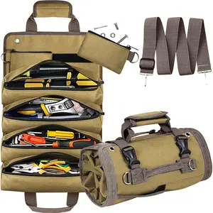 Roll Up Tool Bag Organizer, Gifts for Men Dad Husband Him Christmas Stocking Stuffers, Heavy Duty Storage Pouches Carrier Bag for Electrician Mechanic Thanksgiving Fathers Day Birthday Gifts (Khaki)