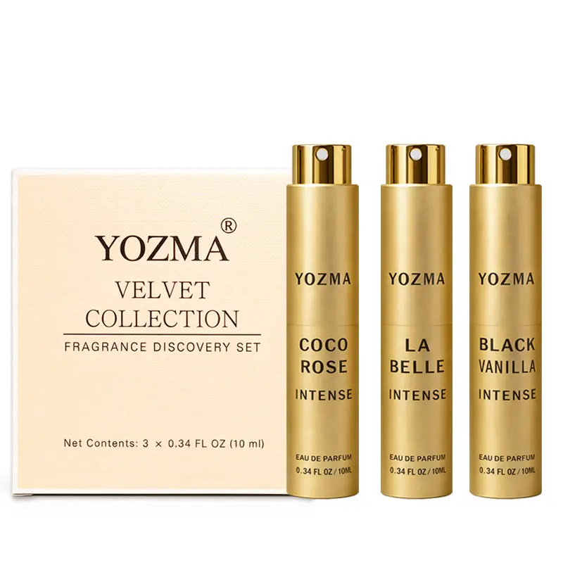 YOZMA Velvet Collection Women's EDP Discovery Gift Set - 3x10ml Mini Sample Perfume Bottle Set (Coco Rose, La Belle, Black Vanilla) for Travel, 3-Bottle Gift Box with Coco Rose Women's Fragrance, Mini Sample Women's Fragrance