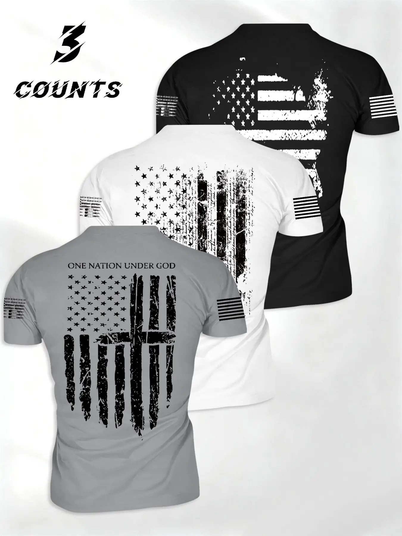 Men's 3-Piece Fitness Gym Workout Sportswear Set, American Flag Cross 1776 Pattern Running Outfits Top, Breathable Short Sleeve T-Shirt for Gym and Outdoor Activities