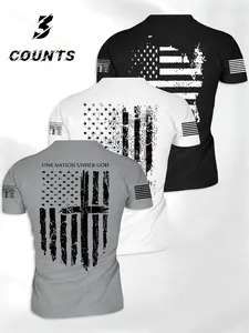 Men's 3-Piece Fitness Sportswear Set, American Flag Cross 1776 Pattern Running Top, Breathable Short Sleeve T-Shirt for Gym and Outdoor Activities, Athletic Workout Clothing, American Pride Design, Workout Sets, Fitness Apparel