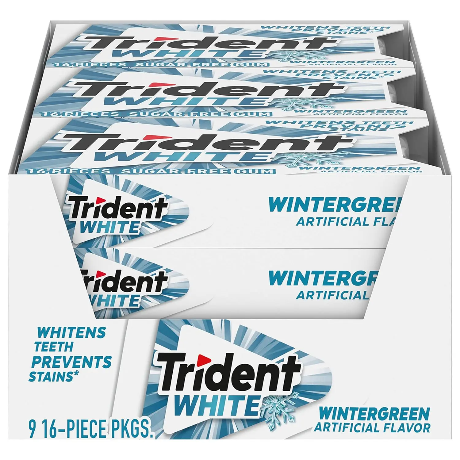 Trident White Wintergreen Sugar-Free Chewing Gum - Minty, Low Calorie Snacks, Travel-Friendly Teeth Whitening, Pantry Staple, 9 Packs of 16 Pieces (144 Total) for Party Favors & Gift Baskets, Ambient Bag Packaging, Great Taste