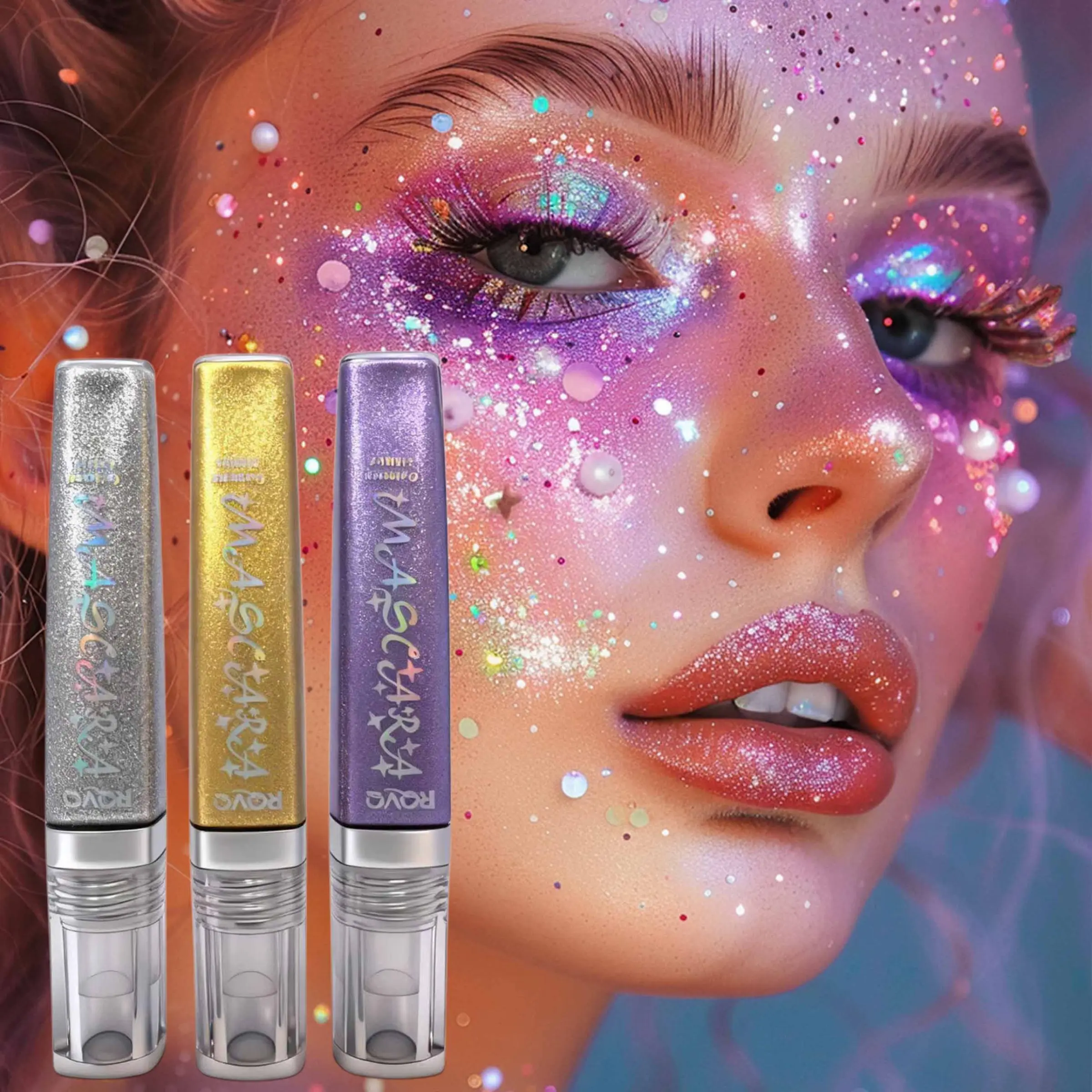 Glittery Mascara Set for Eyelashes, Glam Mascara, Sparkling Silver Color, Shiny Diamond Thickening Lengthening, Sparkling Eyes Makeup