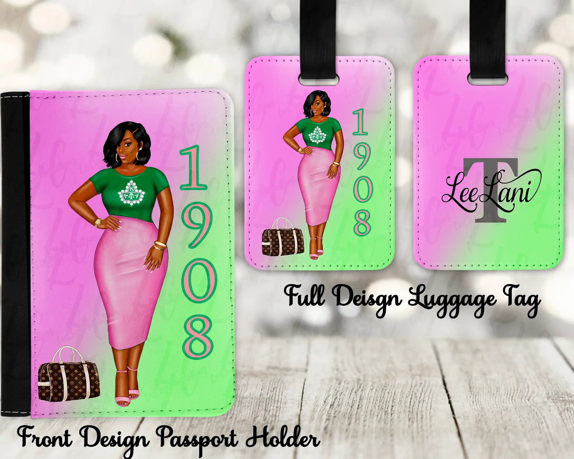Pink & Green Personalized Passport Holder & Luggage Tag Set | Custom Travel Set