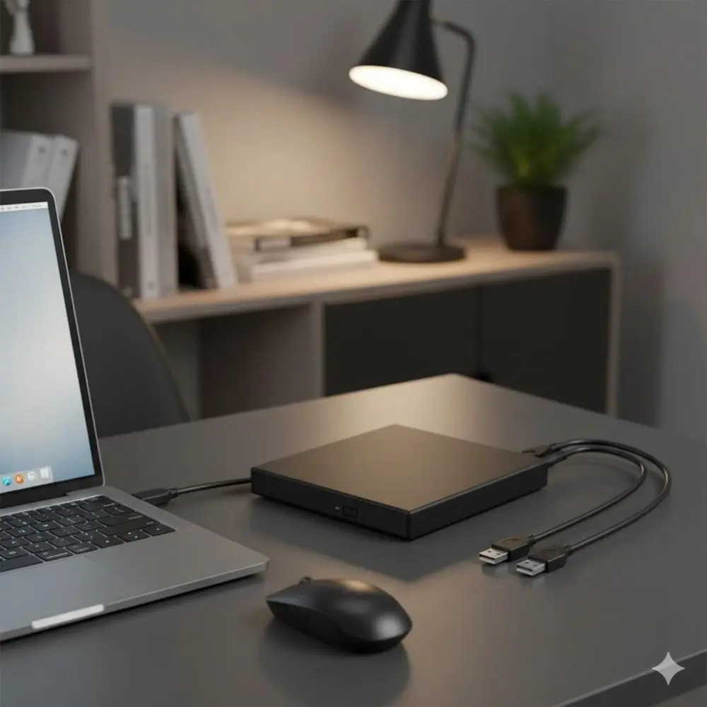 USB-Powered Portable DVD CD Drive with 24x High Speed, Plug & Play for Laptop Desktop, External CD/DVD Burner Reader, Dual USB Cables for PC Mac Windows Linux, Shockproof Design.