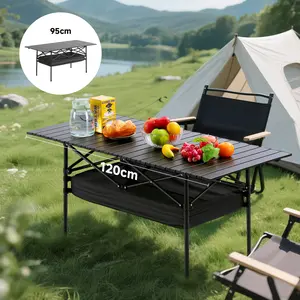 Folding Camping Table, Adjustable Height Portable Side Tables, Beach Table with Mesh Layer, Lightweight Compact for Outdoor Picnic BBQ Cooking