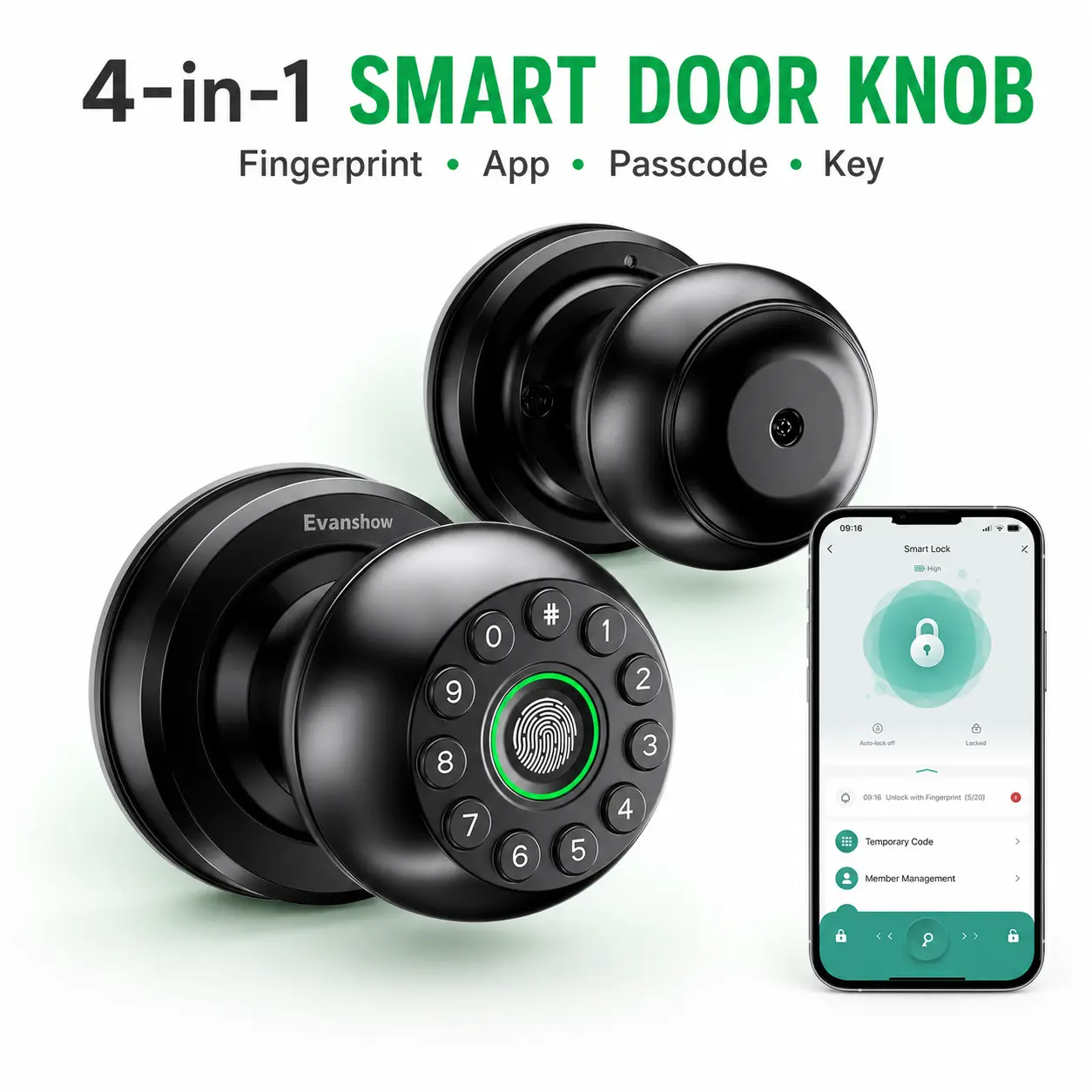 Evanshow Smart Fingerprint Door Knob Lock, Biometric Keyless Entry with App Control & Backup Key for Bedroom, Front Door, Home & Apartment