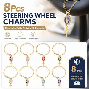8Pcs Steering Wheel Rosary for Christian – Cross Pendant Car Accessories, Religious Protection Charm Set for Rearview Mirror, Dashboard Decor, Jesus Gift for Men Women