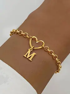 Women's Heart Initial Letter Bracelet, Heart Shaped Bracelet, Heart Charm Bracelet, Letter Pattern, Classic Stainless Steel Chain, Casual Style, High Quality Bracelet, All Seasons Wear, No Choking Hazard