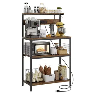 4-Tier Kitchen Baker’s Rack with Power Outlet, Coffee Bar Station with 3 Outlets & On/Off Switch, Adjustable Microwave Stand, Freestanding Storage Shelf for Spices and Appliances, Anti-Tip Kit Included