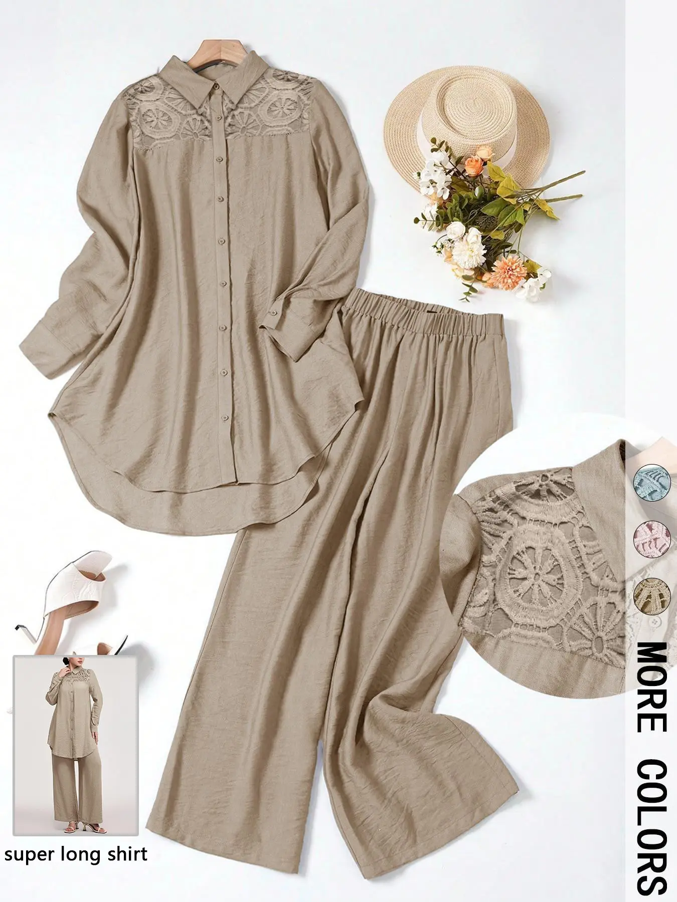 Women's Spring Summer Two-Piece Set, Lace Patchwork Woven Fitted Shirt & High Waist Wide-Leg Pants, Boho Casual Style Outfit for Vacation, Travel and Daily Wear, Top, Clothes