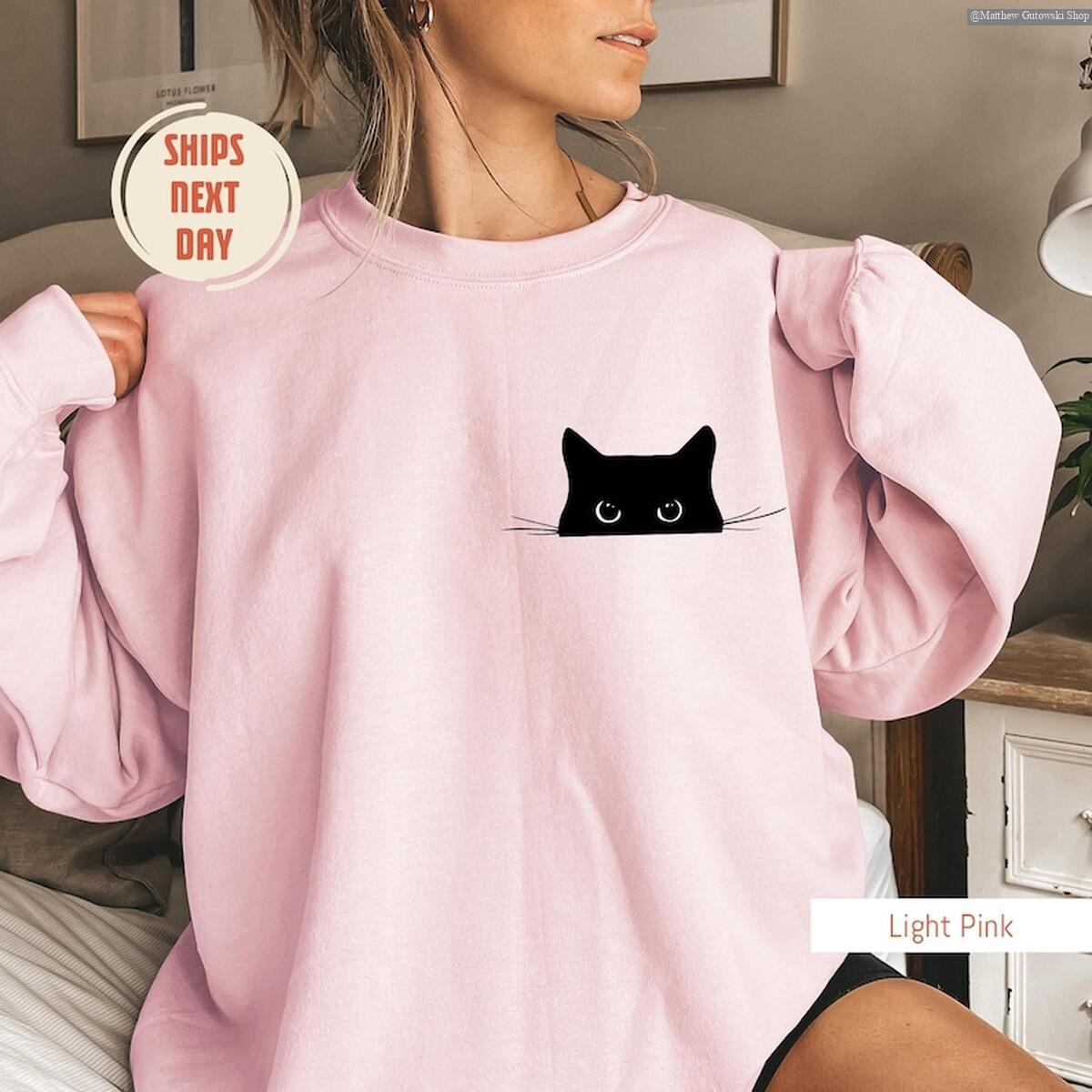 Cute Black Cat Sweatshirt, Hoodie, Tee, Cat Peeking, Women Funny Sweater, Gift for Cats Lover, Cat Mom Sweatshirt