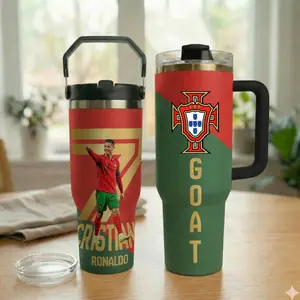 Portugal GOAT CR7 Inspired Tumbler 40oz – Football Legend Cristiano Style Mug with Handle & Straw, Red Green Fan Gift Cup