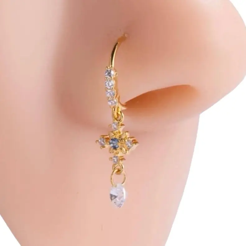 Hoop Nose Ring with cross dangle | Gold Nose Hoop | Piercing Required | Nose Jewelry | Nose Ring w/ dangle | Gold Nose Jewelry Female Female nose hoop