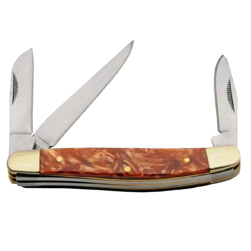 Old Fashioned 3 Blade Folding Pocket Knife Classic Style Bronze Marble Inlay