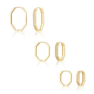 MEIITRUE 14K Gold Plated Hexagon Hoop Earrings for Women, 3 Pairs Hypoallergenic Zirconia Earrings, Lightweight Geometric Gold Hoops