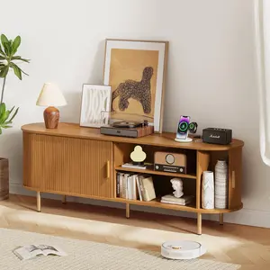 【Deals for You Days】DHH  Fluted TV Stand with Power Outlet, Mid-Century Modern Curved Entertainment Center, Tambour Sliding Door Media Console with Massive Storage（Yellow Walnut）