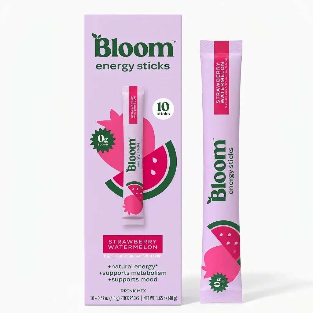Bloom Nutrition Energy Sticks Beverage, Strawberry Watermelon Flavor, 10 Count, 0 Sugar Drink Mix with Natural Caffeine