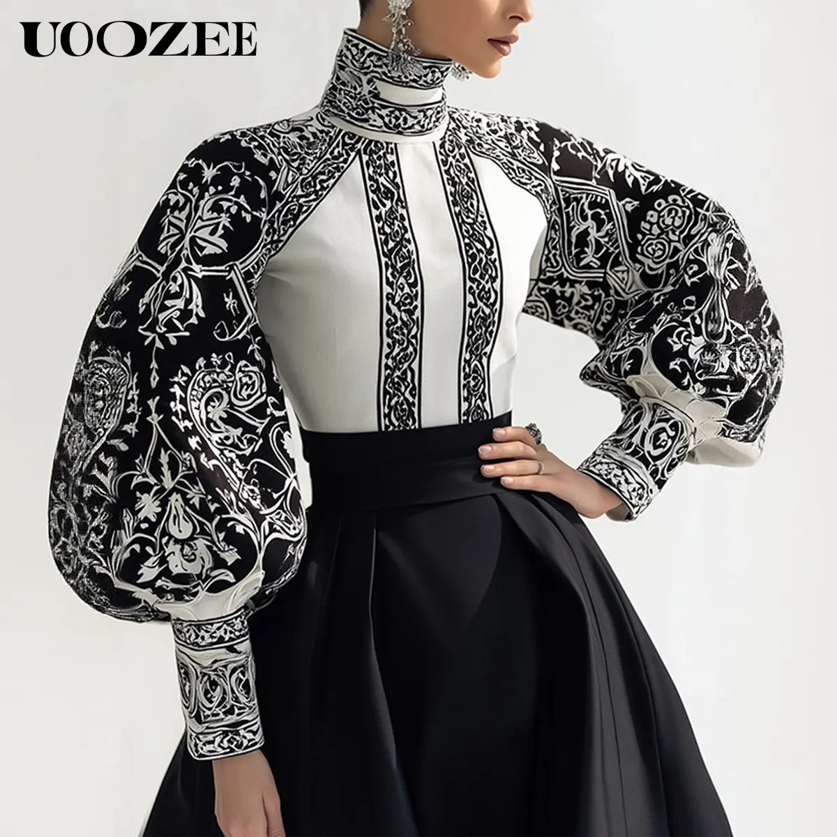 UOOZEE Women's Polyester Balloon Turtleneck Blouse - Long Puff Sleeves, Matte Finish, Oversize Baggy Fit, Smooth Baroque Floral, Colorblock, Lightweight Breathable Comfortable Fabric Top for Party, Dressy Casual (Spring Autumn), Valentine's Day Shirt, Bac