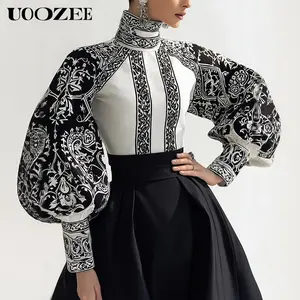 UOOZEE Women's Balloon Long Sleeve High Neck Blouse - Smooth Baroque Flower Print, Contrast Color, Loose Fit, Light Comfortable Breathable Spring Autumn Fabric, Elegant Top for Party & Dressy Casual Occasions