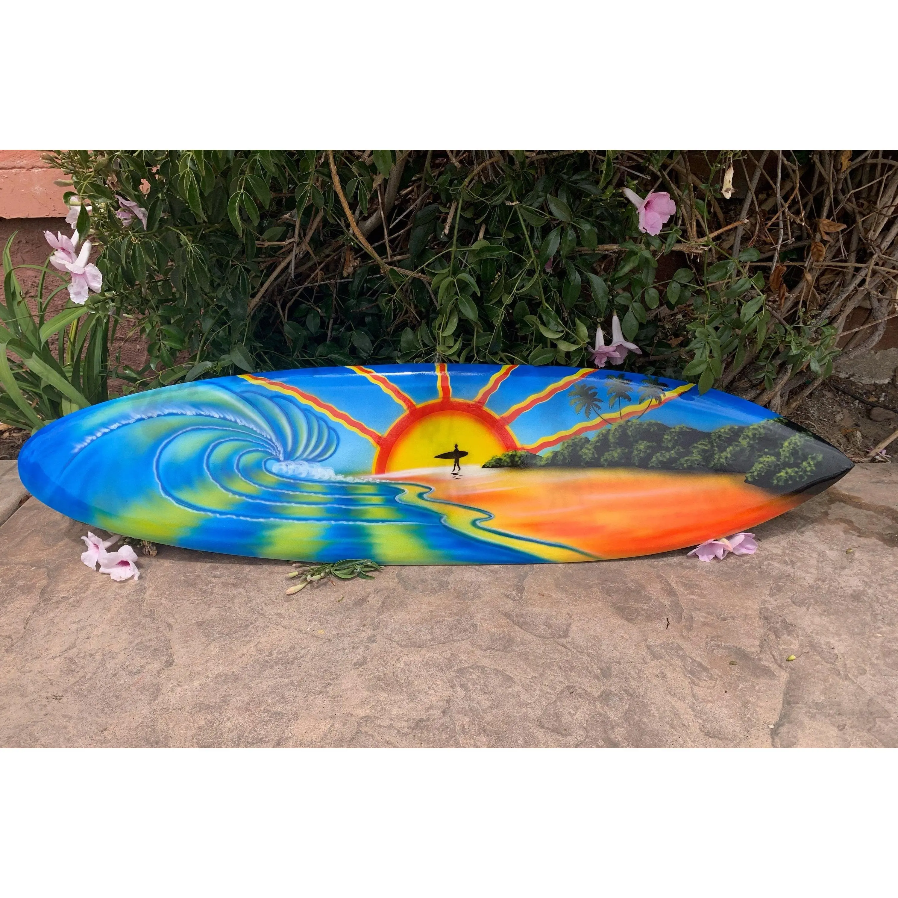 Surfer Sunrise Tropical Beach Airbrushed Surfboard Mango Wood Wall Plaque 39"x10"