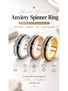 Stainless Steel Roman Numeral Anxiety Spinner Ring, Cubic Zirconia Inlaid Rotating Band, Three Tone Options, Hypoallergenic Unisex Fidget Ring for Men Women, Anti-Stress Everyday Wear Jewelry