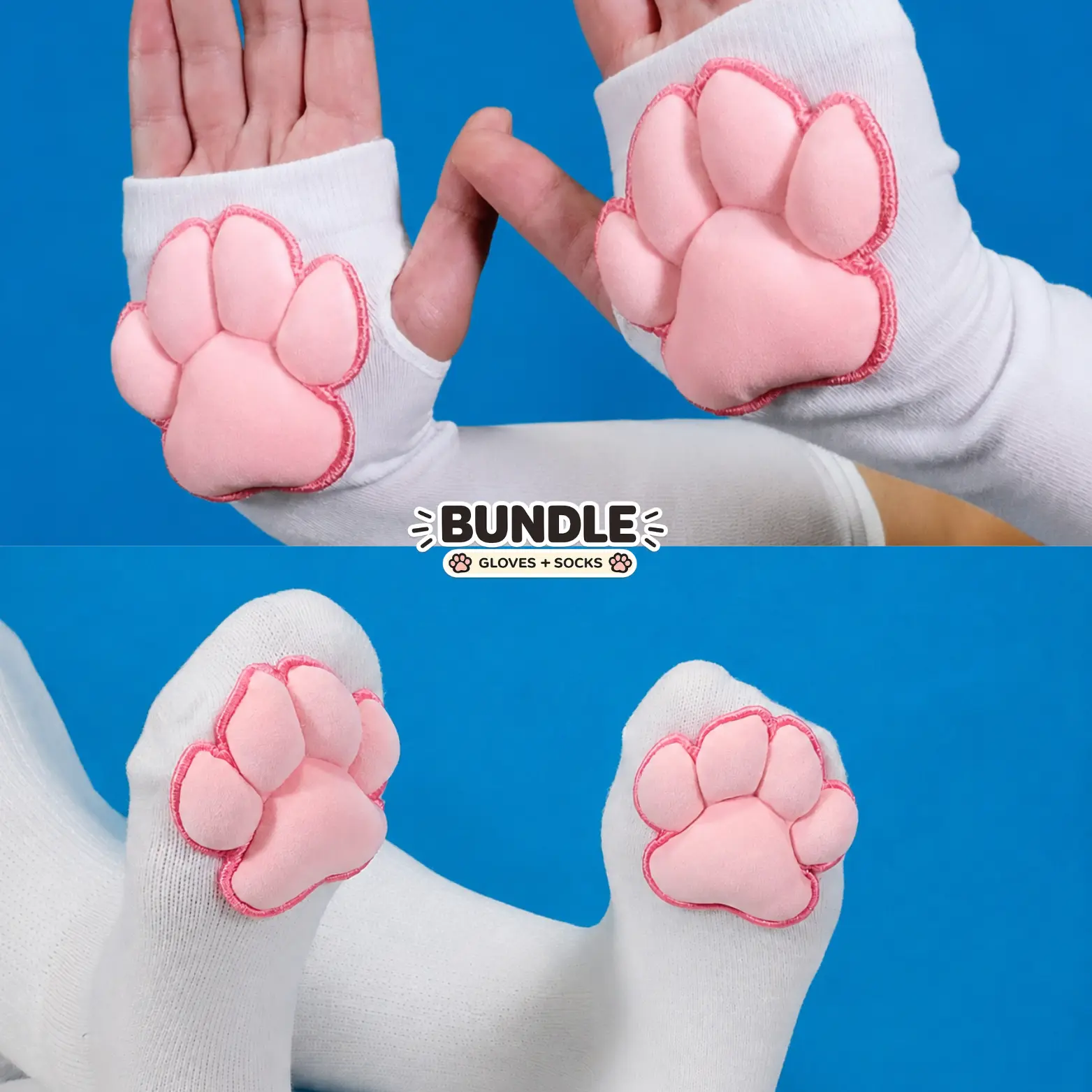 BUNDLE: Pink Plush Paw Pads on White Fingerless Gloves and Socks
