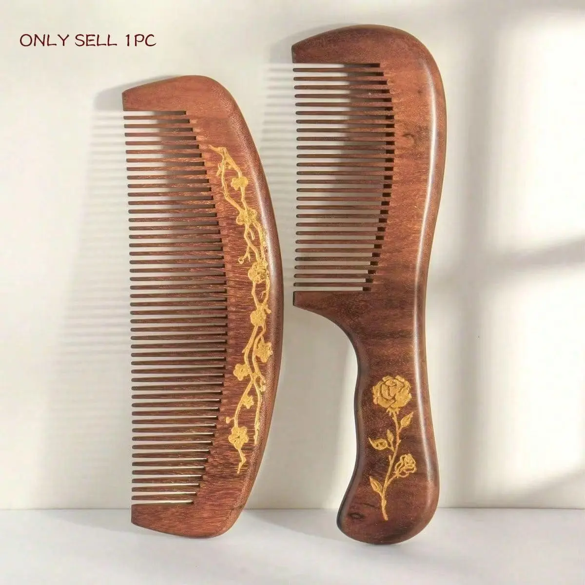 1pc/2pcs Sandalwood Fine-Tooth Comb, Wooden Comb, Hand-Drawn Vintage Floral Rose Butterfly Design, Anti-Static Hair Brush for Women