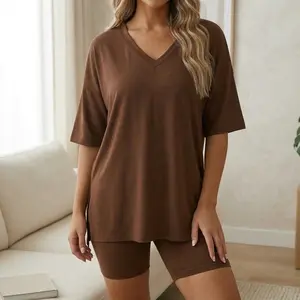 Casual Reversible Tracksuit 2 Piece Set: Women's Oversized Round Neck T-Shirt & Matching Biker Shorts, Lightweight Summer Lounge Short Set, Cozy Spring Clothing.