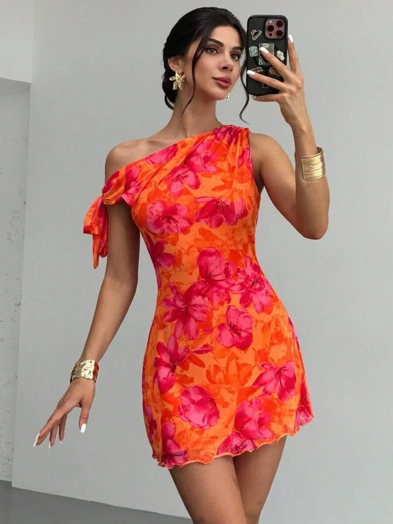 Women's New Summer One-Shoulder Sleeveless Mini Dress, Lightweight Mesh Floral Dress for Vacation, Sexy Elegant Chic Summer Style, Asymmetric Neckline Beachwear