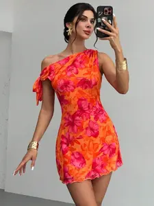 Women's Summer New Floral Print Asymmetric Shoulder Sexy Elegant Vacation Mini Dress, Mesh Floral Sleeveless Dress, Asymmetrical Neckline, Beachwear, Lightweight, Bohemian Summer Dresses