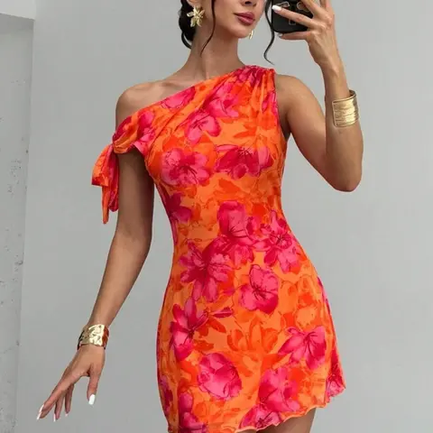 Women's Summer New Floral Print Asymmetric Shoulder Sexy Elegant Chic Vacation Mini Dress, Mesh Floral Dress, Asymmetrical Neckline, Beachwear, Casual Sleeveless Dress