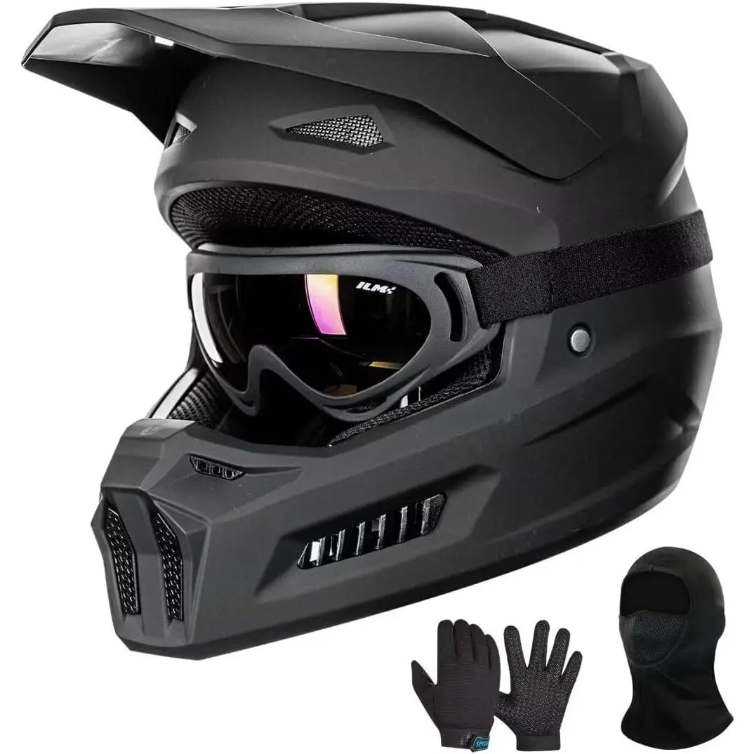 Youth-Large DOT-Certified MT601Y Matte Black Dirt Bike Helmet Set Pack with Abs Shell, Ventilated Design, Goggles, Gloves & Mask for Motocross, BMX Off-Road Use