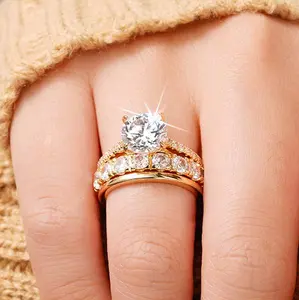 14K Gold Plated 3Pcs Set of Rings Stackable Engagement Female Luxury Shiny Cubic Zirconia Wedding Jewelry