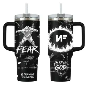 NF FEAR Music Tumbler 40oz with Handle, Emotional Rap Aesthetic Cup, The Search Inspired Mug, Dark Lyrics Fan Gift, Hip Hop Artist Travel Mug, Minimalist Style Stainless Steel Tumbler