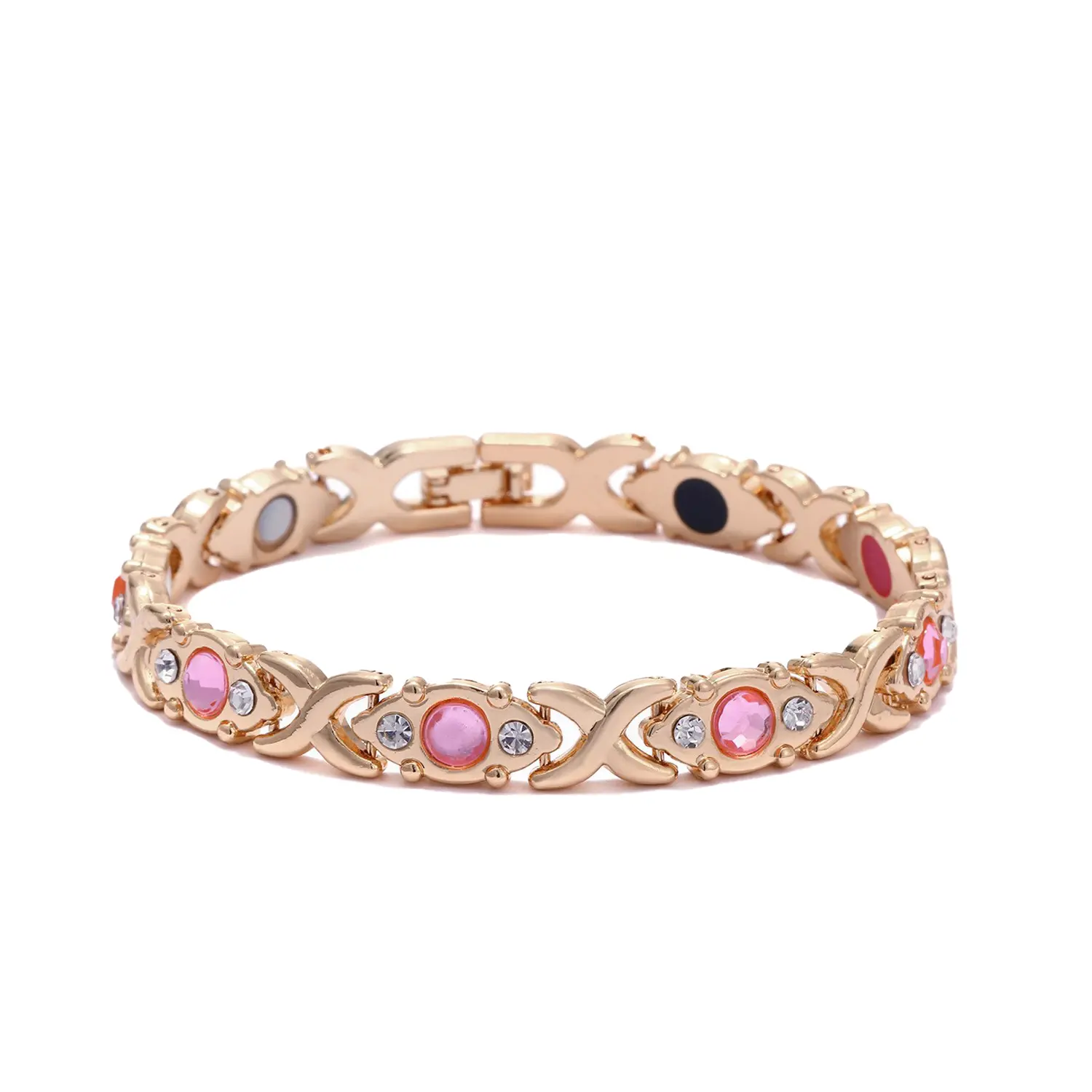Women's Rose Gold Metal Coating Rhinestone Accent Link Bracelet - Elegant Female Costume Jewelry Gift for Special Days