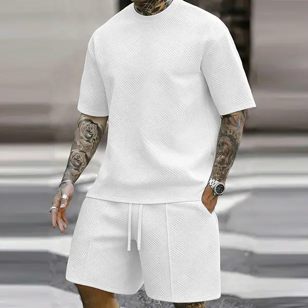 Men's summer sports and casual pure cotton solid-colored short-sleeved shirt T-shirt and drawstring shorts set