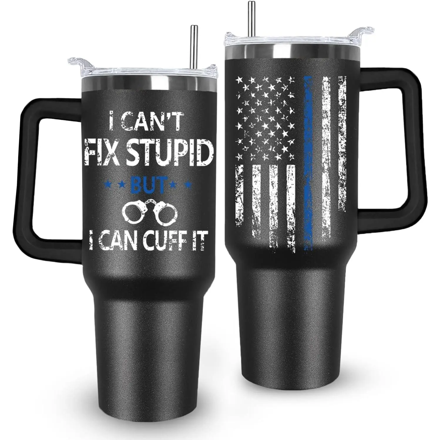 Ceovfoi 40 oz Tumbler with Handle lid and Straw, American Flag Blue Line Stainless Steel Dad Travel Tumbler Cup Mugs,Academy Graduation Gift, Father's Day Gift,Police Academy Graduation Gifts, Police Gifts for Men Dad