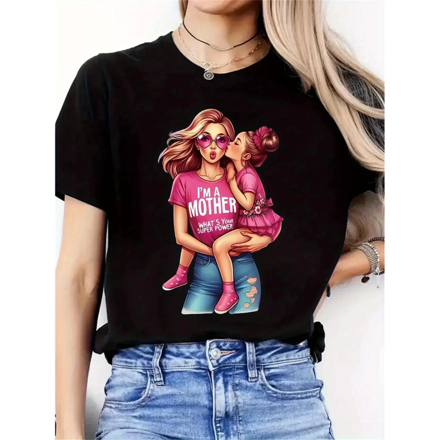 Super Mom, Mother's Day, mother-daughter outfits, festival gifts, new women's round-neck casual sporty and comfortable T-shirt