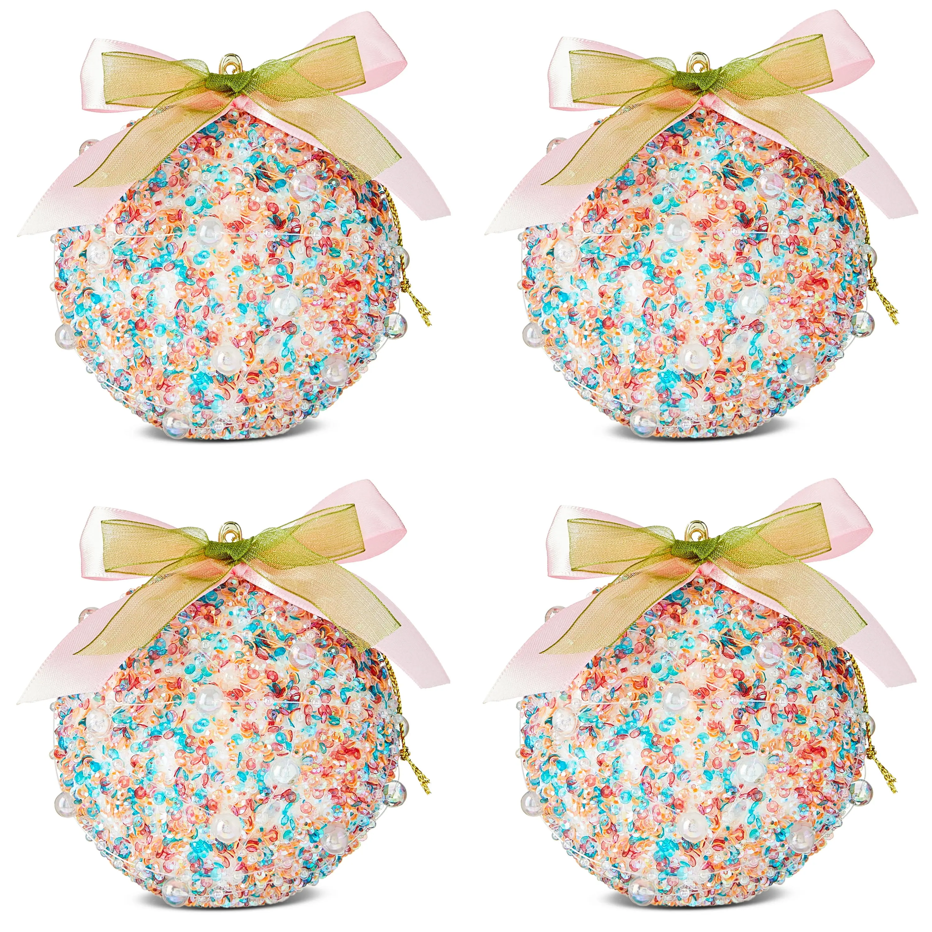 Holiday Time Multicolor Bead and Sequin Christmas Ornaments 4 Count Set with Ribbon Bows for Candy Land or Whimsical Themes Christmas Tree Decor