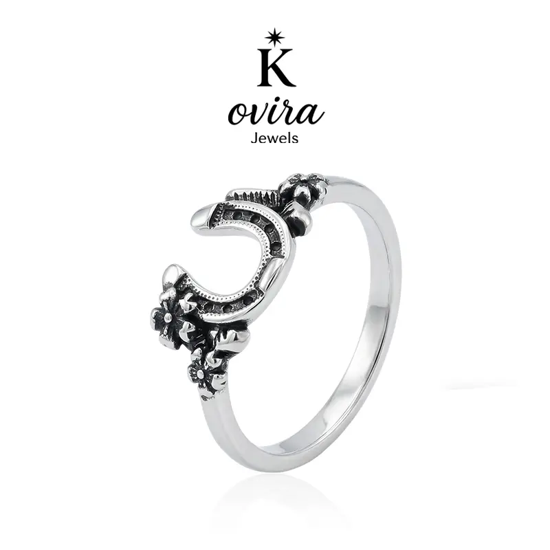 Vintage Floral Horseshoe Ring in Oxidized S925 Sterling Silver, Boho Statement Jewelry for Women, Auspicious Daily Wear Good Luck Charm, Birthday Gift, Female, Friends Starting A New Job, Kovira, Oxidized Silver, Rustic Vintage, Self-Care Treat, U-Shaped,