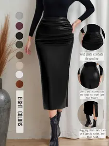 Women's PU A-Line Skirt for Autumn Winter, Casual Daily Wear, Simple Elegant Chic Ruched Design, Perfect for Outdoor Activities Womenswear Bottom